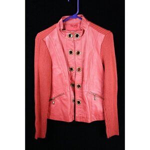 LAL Women's Red Leather & Acrylic Jacket With Zipper Pockets & Button Details Si